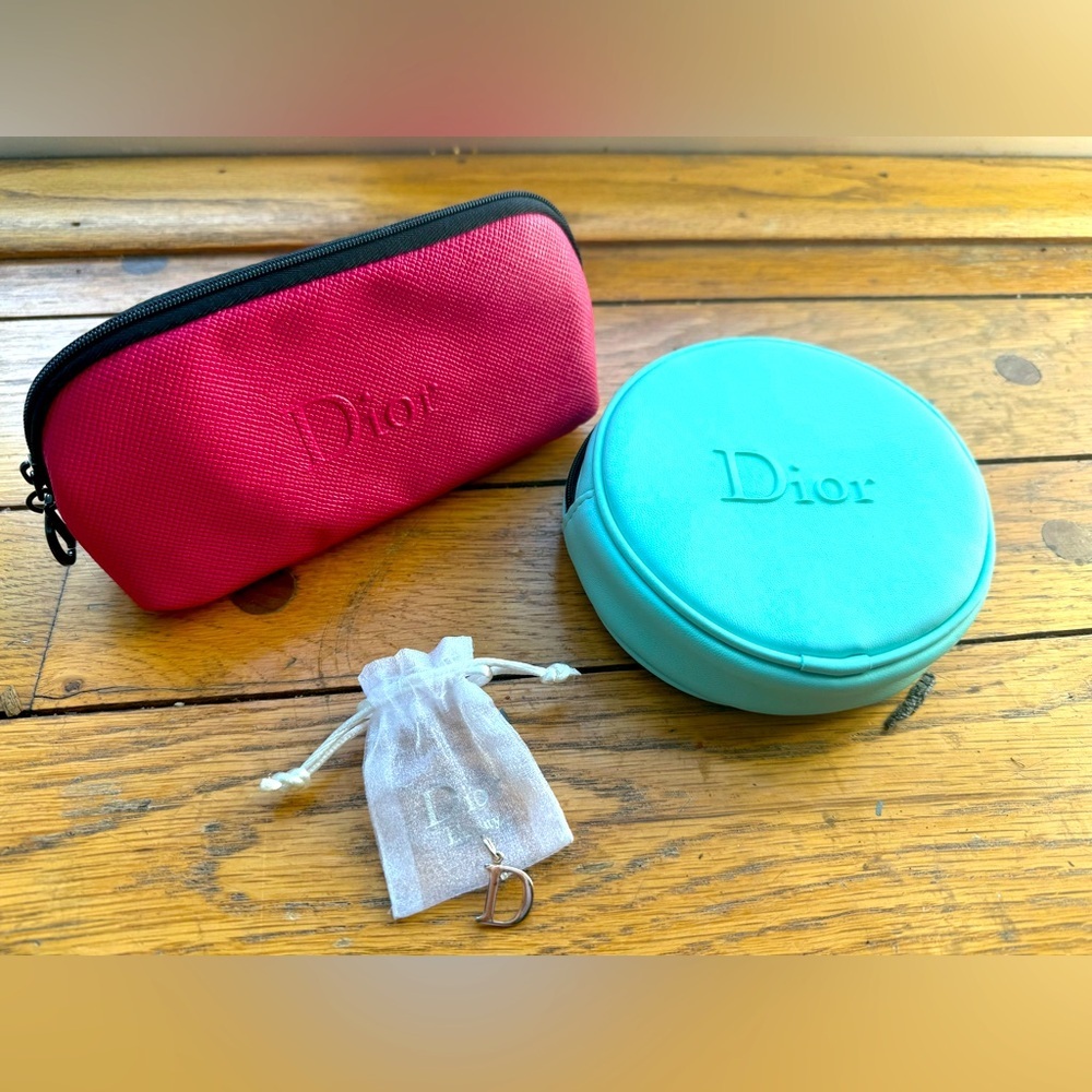 Dior Travel Pouch Set – Pink & Blue Cosmetic Bags + Silver “D” Charm – Authentic